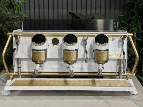 SanRemoCafeRacer3GroupWhite_FullGoldAccentsEspressoCoffeeeMachine1858PrincesHighwayClaytonCoffeeMachineWarehouseIMG_4657 San Remo Cafe Racer 3 Group Espresso Machine White & Gold - Used