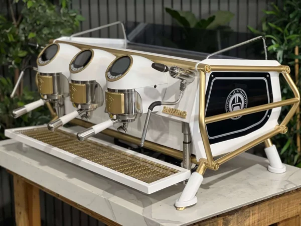 SanRemoCafeRacer3GroupWhite_FullGoldAccentsEspressoCoffeeeMachine1858PrincesHighwayClaytonCoffeeMachineWarehouseIMG_4661 San Remo Cafe Racer 3 Group Espresso Machine White & Gold - Used