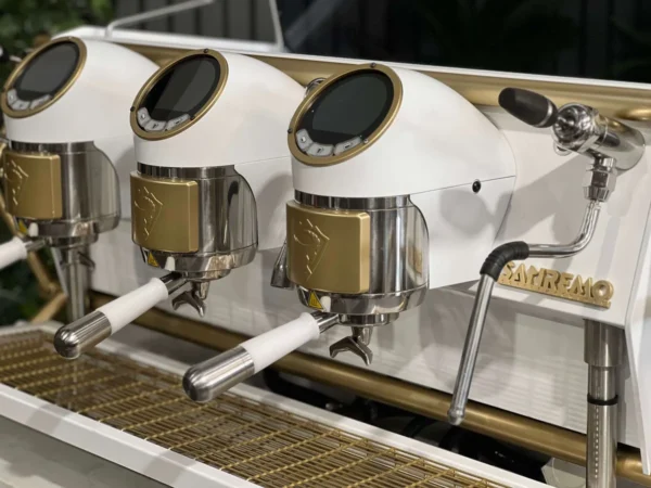 SanRemoCafeRacer3GroupWhite_FullGoldAccentsEspressoCoffeeeMachine1858PrincesHighwayClaytonCoffeeMachineWarehouseIMG_4662 San Remo Cafe Racer 3 Group Espresso Machine White & Gold - Used