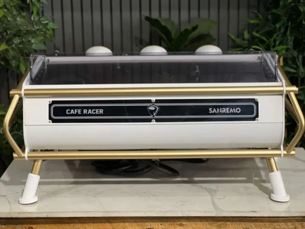SanRemoCafeRacer3GroupWhite_FullGoldAccentsEspressoCoffeeeMachine1858PrincesHighwayClaytonCoffeeMachineWarehouseIMG_4665 San Remo Cafe Racer 3 Group Espresso Machine White & Gold - Used