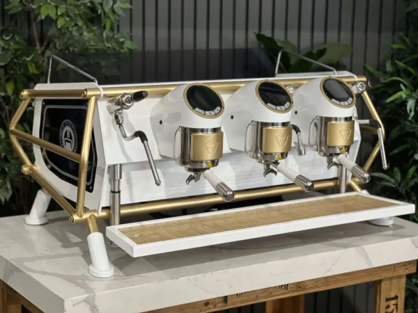 SanRemoCafeRacer3GroupWhite_FullGoldAccentsEspressoCoffeeeMachine1858PrincesHighwayClaytonCoffeeMachineWarehouseIMG_4671 San Remo Cafe Racer 3 Group Espresso Machine White & Gold - Used
