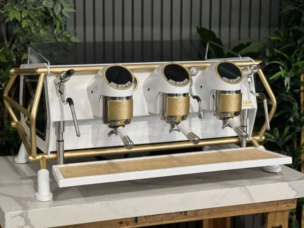 SanRemoCafeRacer3GroupWhite_FullGoldAccentsEspressoCoffeeeMachine1858PrincesHighwayClaytonCoffeeMachineWarehouseIMG_4672 San Remo Cafe Racer 3 Group Espresso Machine White & Gold - Used
