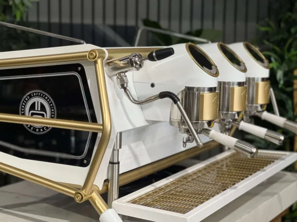 SanRemoCafeRacer3GroupWhite_FullGoldAccentsEspressoCoffeeeMachine1858PrincesHighwayClaytonCoffeeMachineWarehouseIMG_4673 San Remo Cafe Racer 3 Group Espresso Machine White & Gold - Used